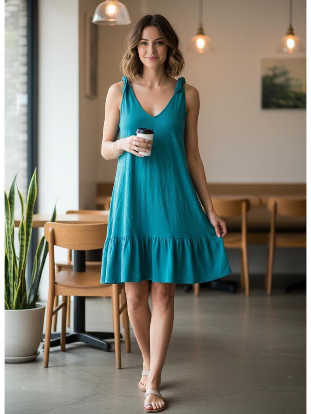 Lilla P Casual Sleeveless Turquoise Dress with Drop waist/ Ruffle Hem L